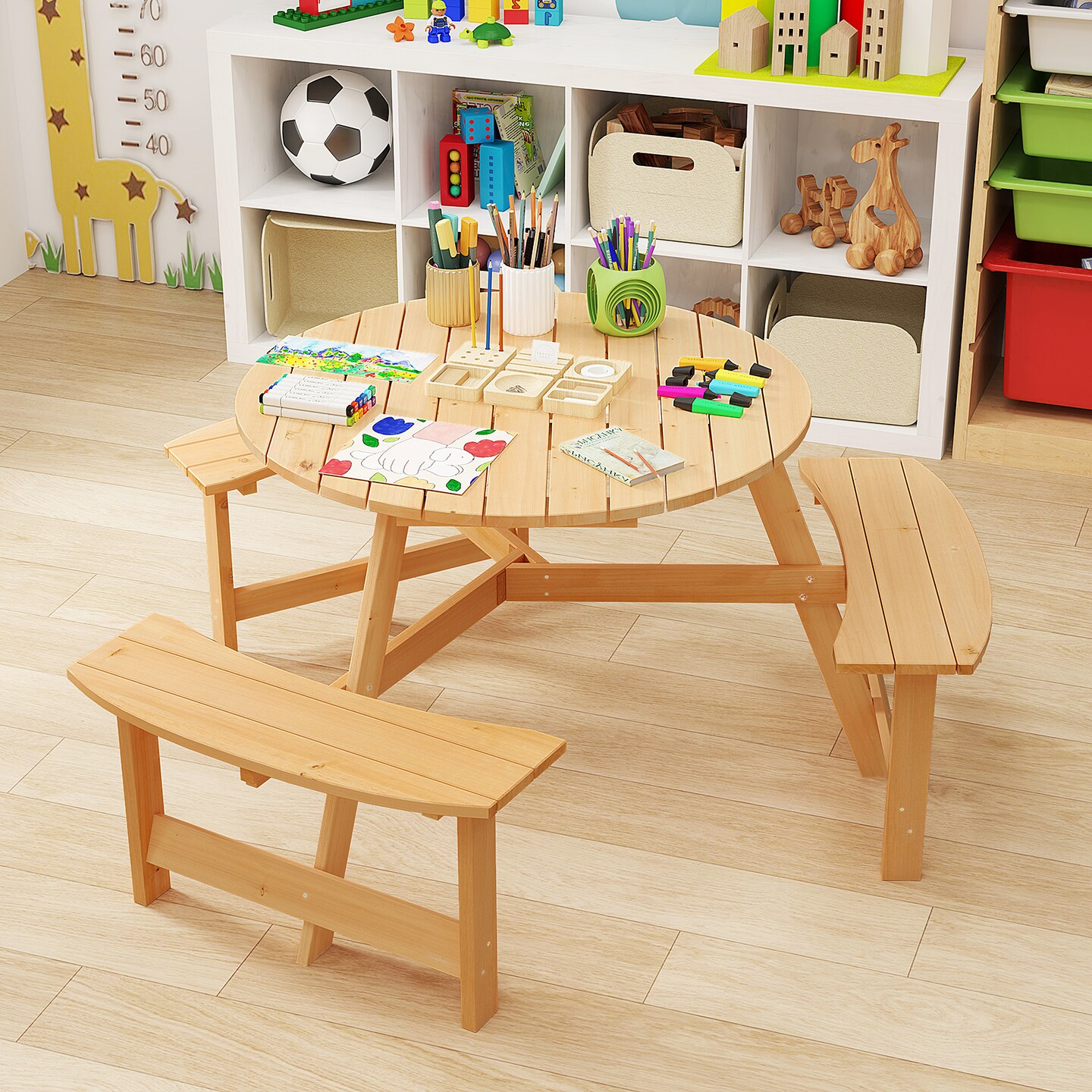 Natural Fir Wood Round Kids Picnic Table Set with Benches and Umbrella Hole