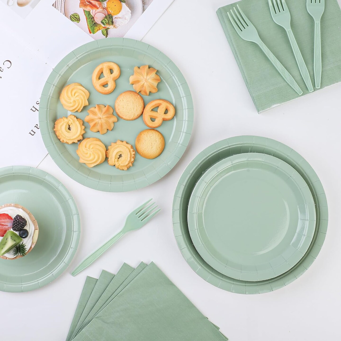 100-Piece Sage Green Paper Plates and Napkins Set – Disposable Tableware with Forks, Perfect for Weddings, Birthdays, Bridal Showers, and Baby Showers. Serves 25 Guests.