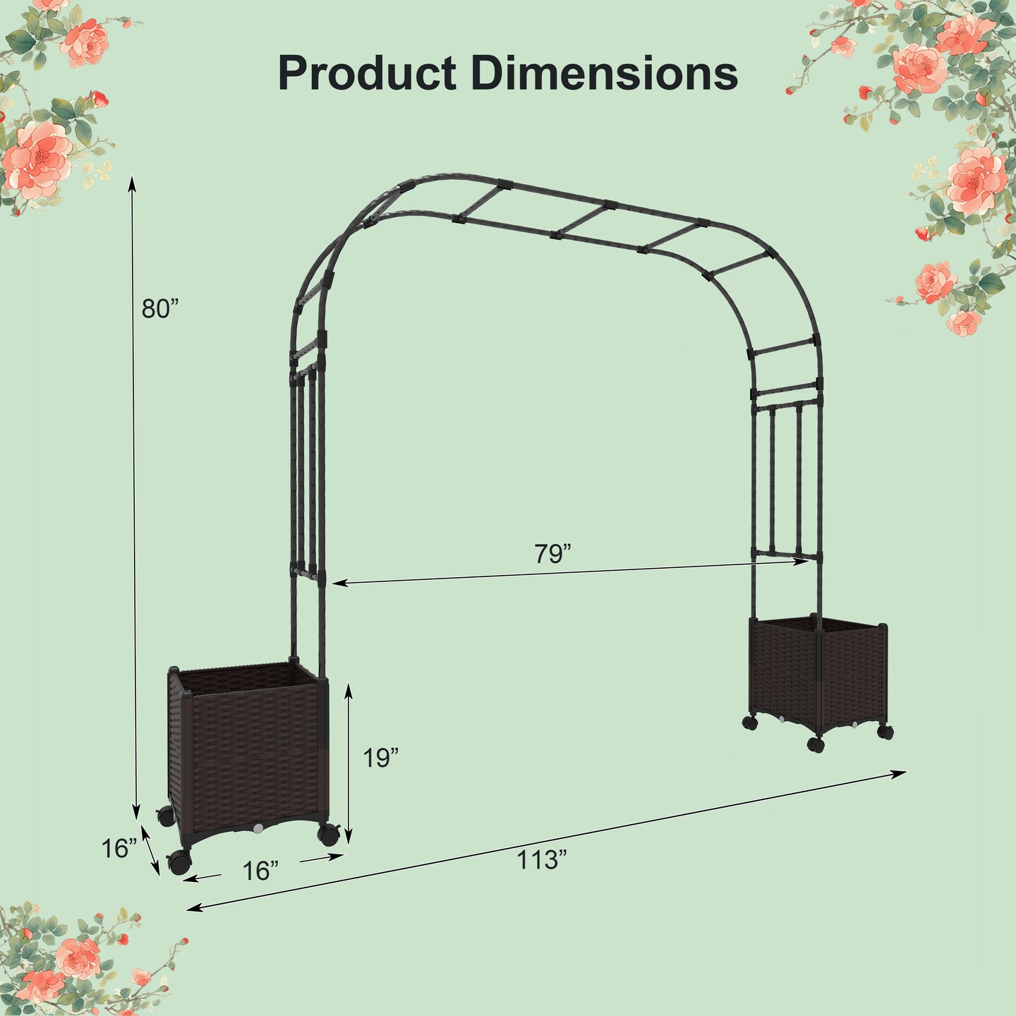 Garden Arch Trellis 6.6 Ft with 2 Planters and Rolling Lockable Wheels