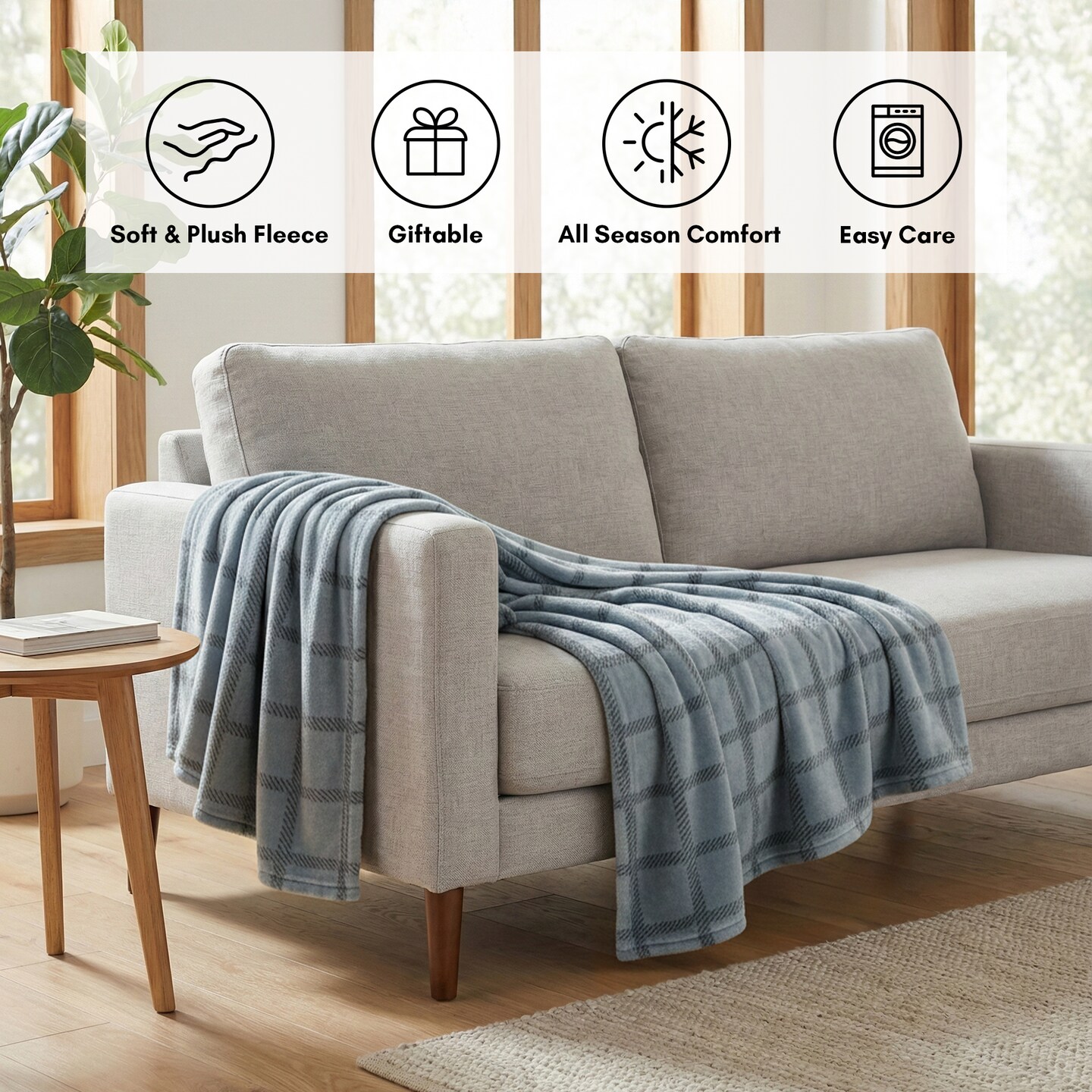 Fleece Throw Blanket - 50x60 Inch - Modern Dash Windowpane Design - Ultra Soft Warmth - Blue
