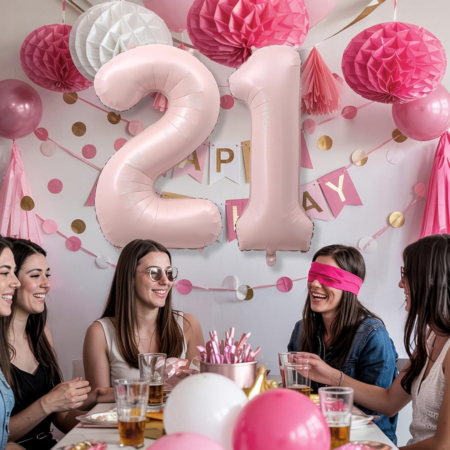 Light Pink 21st Birthday Balloon for Women, 40&#x27;&#x27; Self Inflating Mylar Number 21 Balloons (Pink)