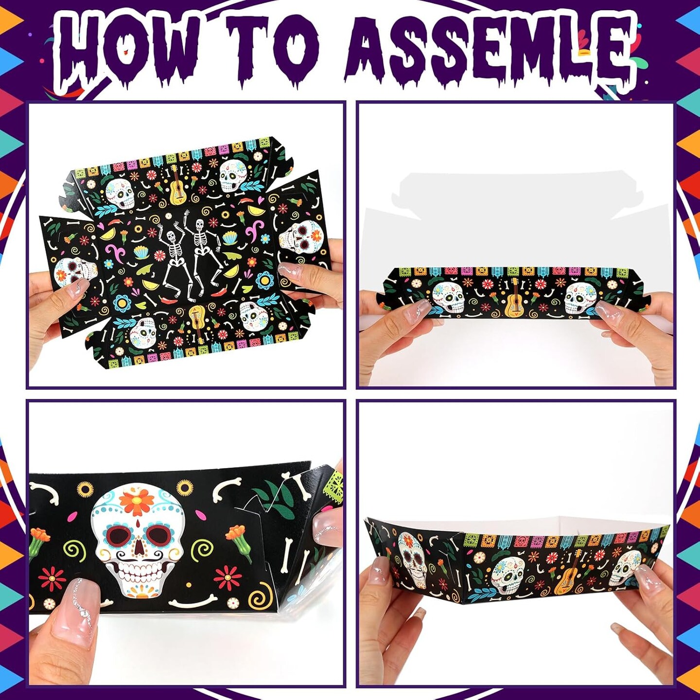 24 Pcs Day of The Dead Food Trays Sugar Skull Paper (Black)