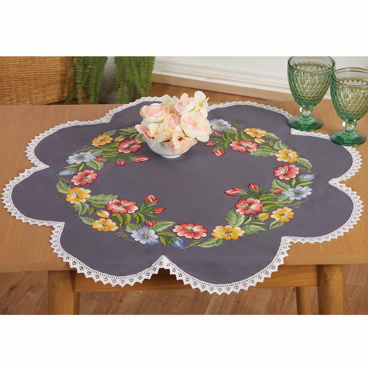 Herrschners Folk Flowers Shaped Table Topper Stamped Embroidery Kit ...