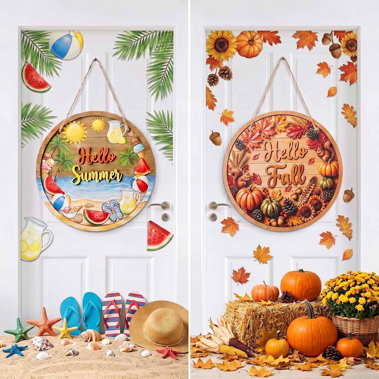 Reversible Hello Summer Hello Fall Door Sign, 3D Thick Wooden