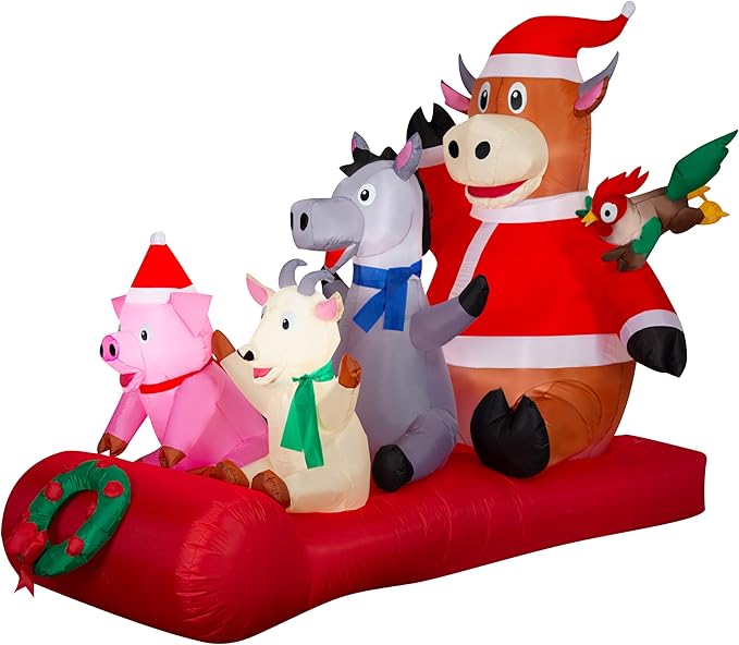 8.5' Gemmy Airblown Inflatable Christmas Farm Animal Sledding Scene Yard Decoration 884560
