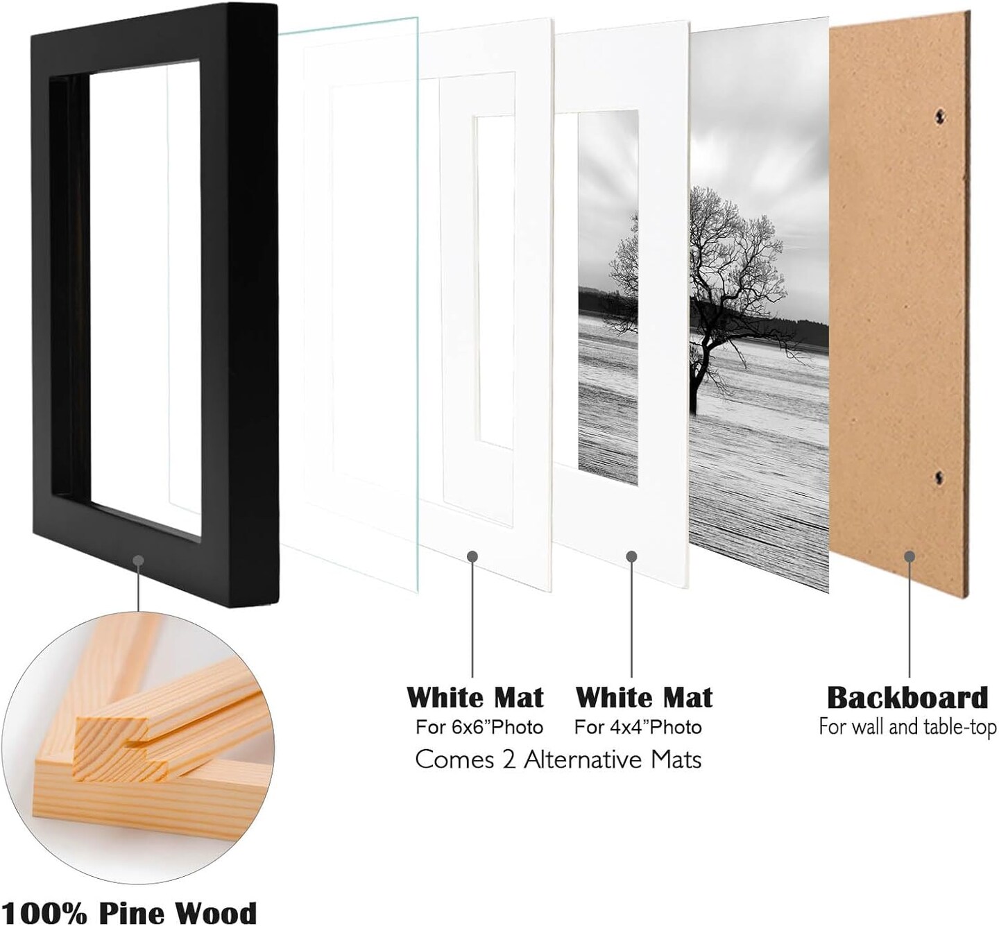 8x8 Picture Frames 4 PCS - Made of Solid Wood Covered by Plexiglass Display 4x4/6x6 with Mat or 8x8 without Mat, for Table Top Display and Wall Mounting Photo Frame Black
