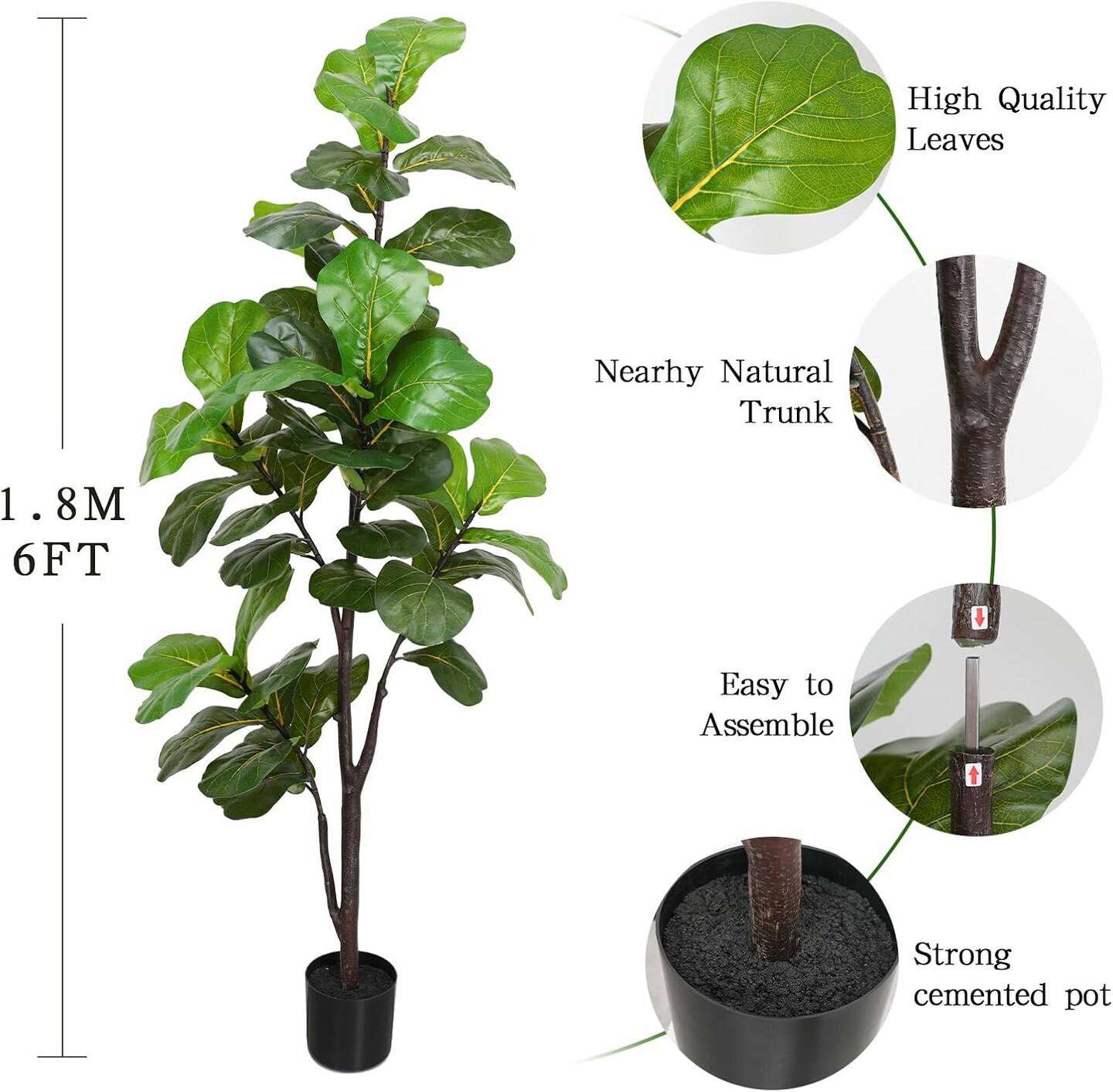 6ft Artificial Fiddle Leaf Fig Tree – Faux Ficus with Pot for Indoor/Outdoor Home & Office Decor