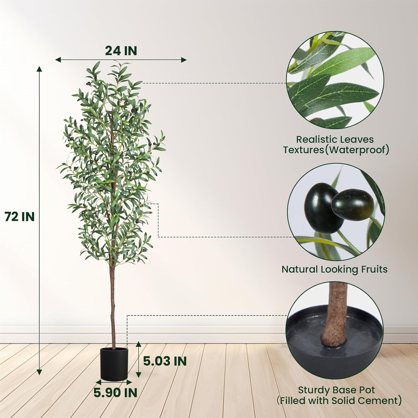 Artificial Olive Tree, 6FT Tall Faux Olive Trees 72in Outdoor Fake Potted Silk Plant with Trunk and Realistic 648 Leaves and 24 Fruits for Modern Office Home Decor Indoor&#xFF08;1pack&#xFF09;