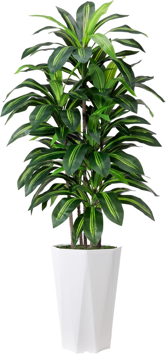 5ft Artificial Dracaena Plant – Faux Yucca with White Diamond Planter for Home & Office Decor