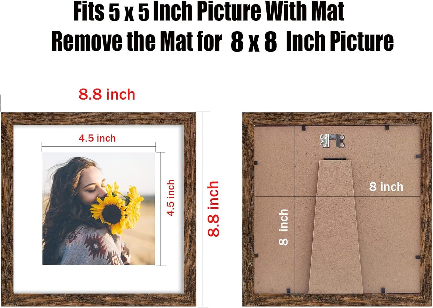 8x8 Picture Frame Rustic Brown Wood Set of 6,Display Pictures 5x5 with Mat or 8x8 Without Mat,Multi Photo Frames Collage for Wall