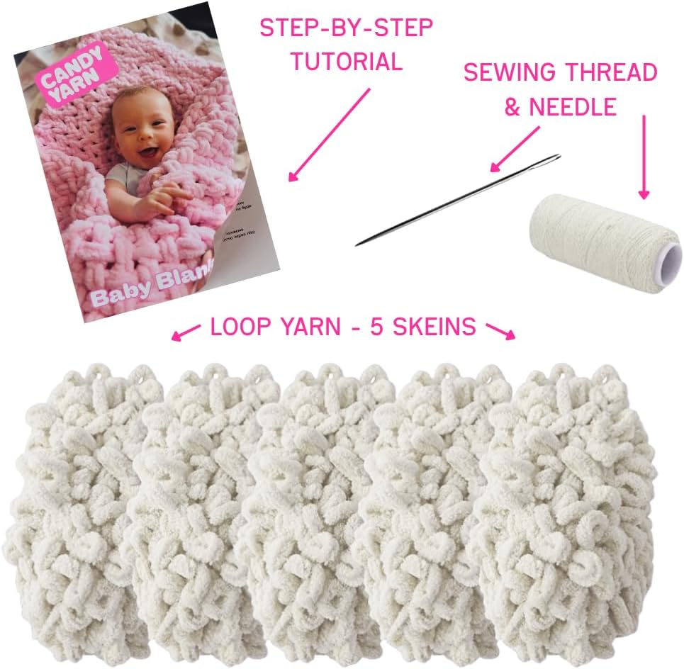 Beginner Loop Yarn Baby Blanket Craft Kit – Easy DIY Arm Knitting Set for Adults & Kids, Soft Chenille Pre-Looped Yarn, Handmade Gift Blanket Kit (Milky)