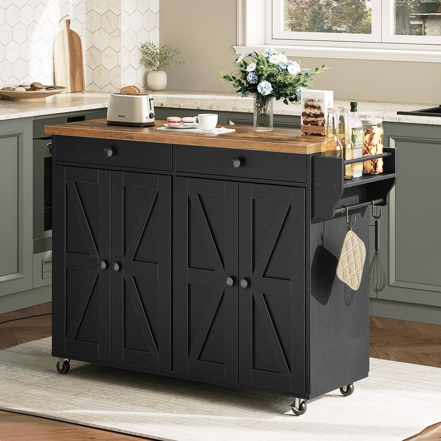 Brown Rolling Kitchen Island with Power Outlet, 2 Drawers, Cabinets
