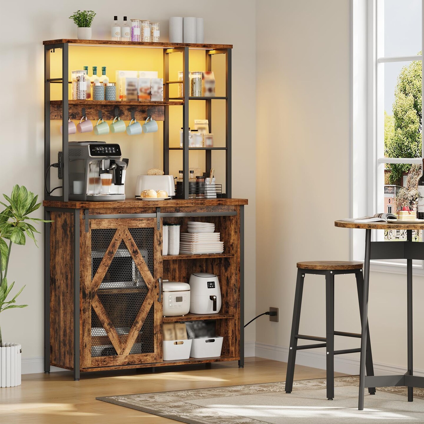 Brown Bakers Rack with Power Outlet Multi-Tier Storage LED Light Kitchen Rack