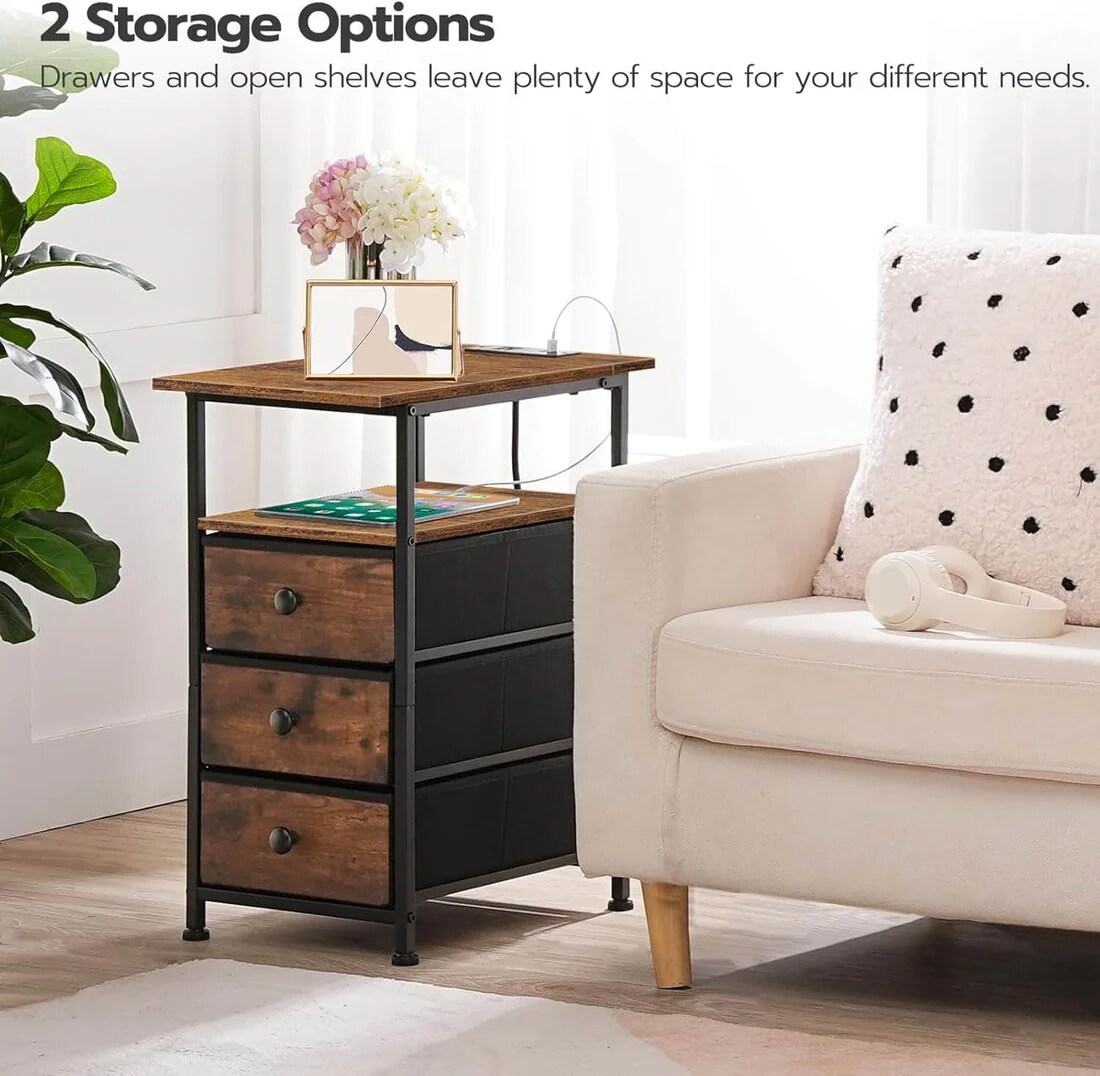 Bedside Table 3 Drawers Charging Station Storage Side Table Brown