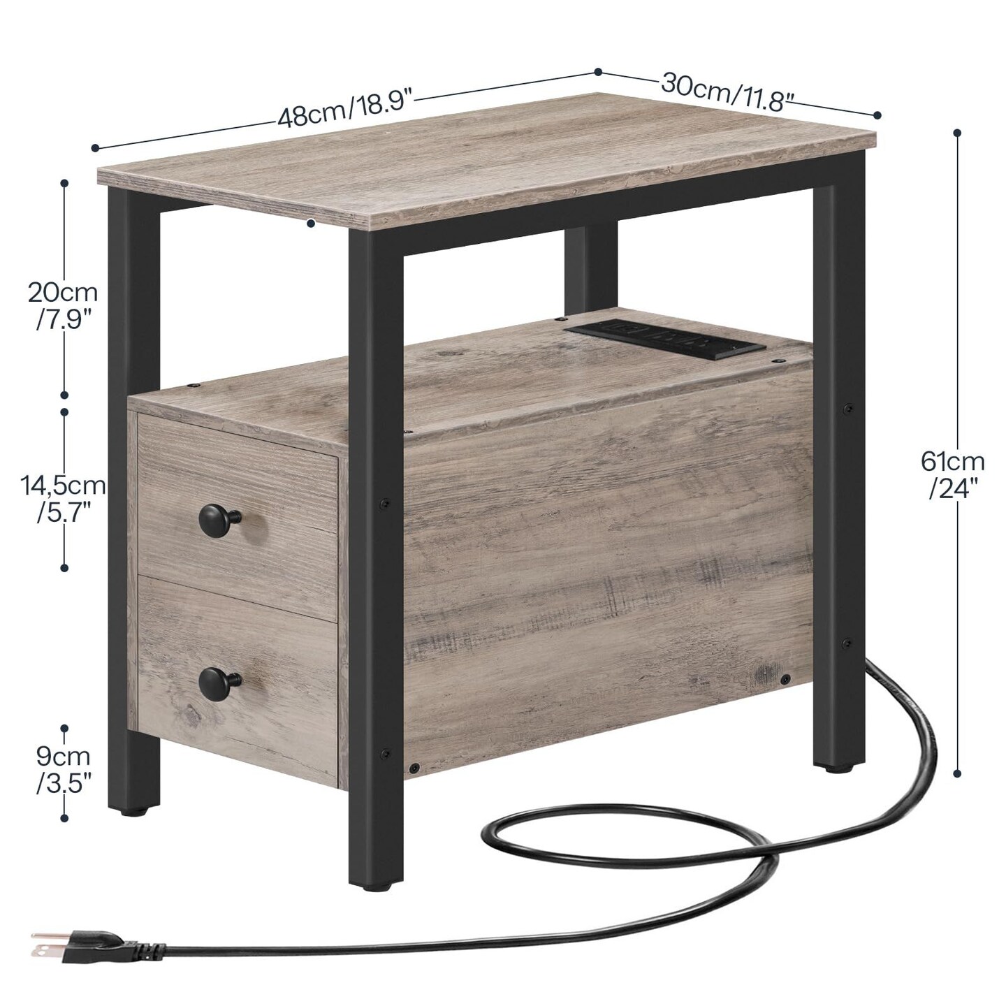 Narrow End Table with Outlets, USB C Port and 2 Drawers for Bedroom or Sofa