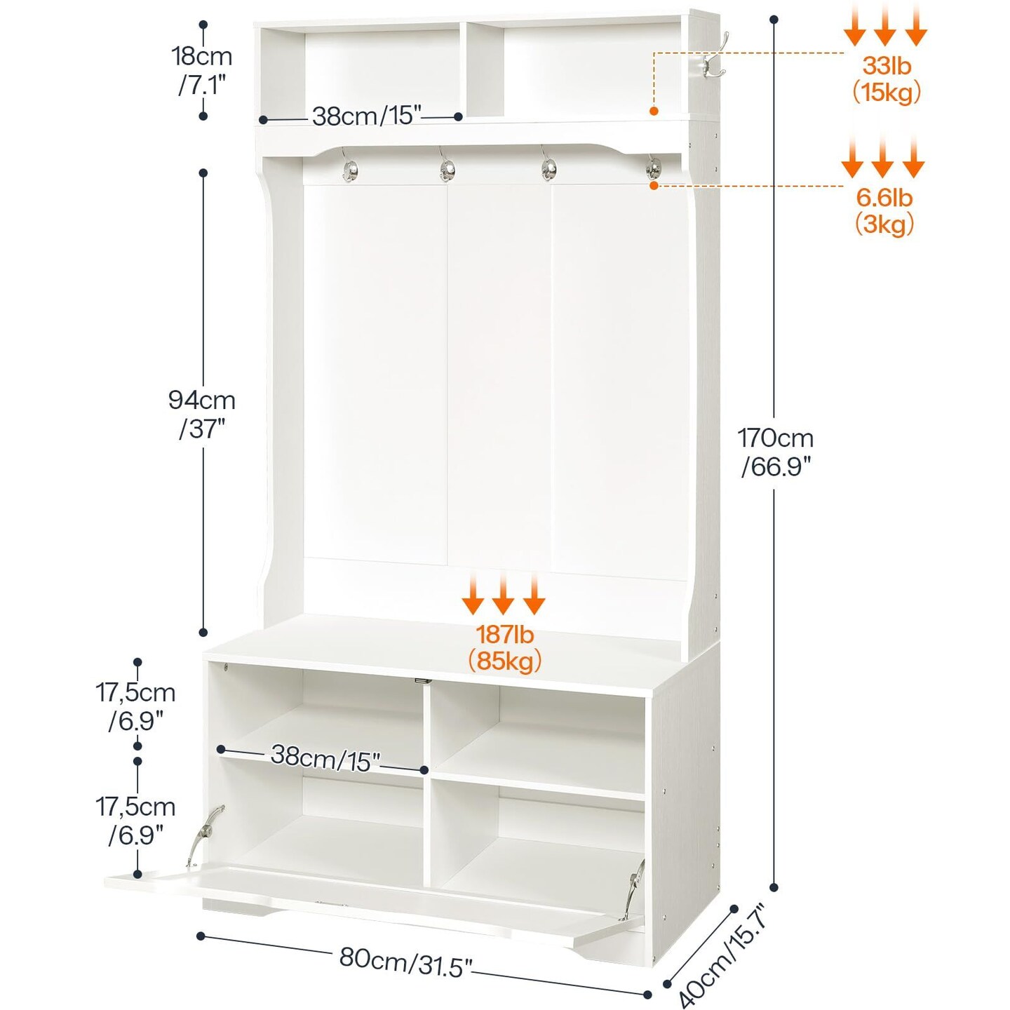 White Entryway Hall Tree with Shoe Bench, 6 Hooks, Storage Cabinet