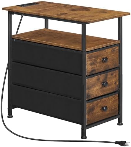Bedside Table 3 Drawers Charging Station Storage Side Table Brown
