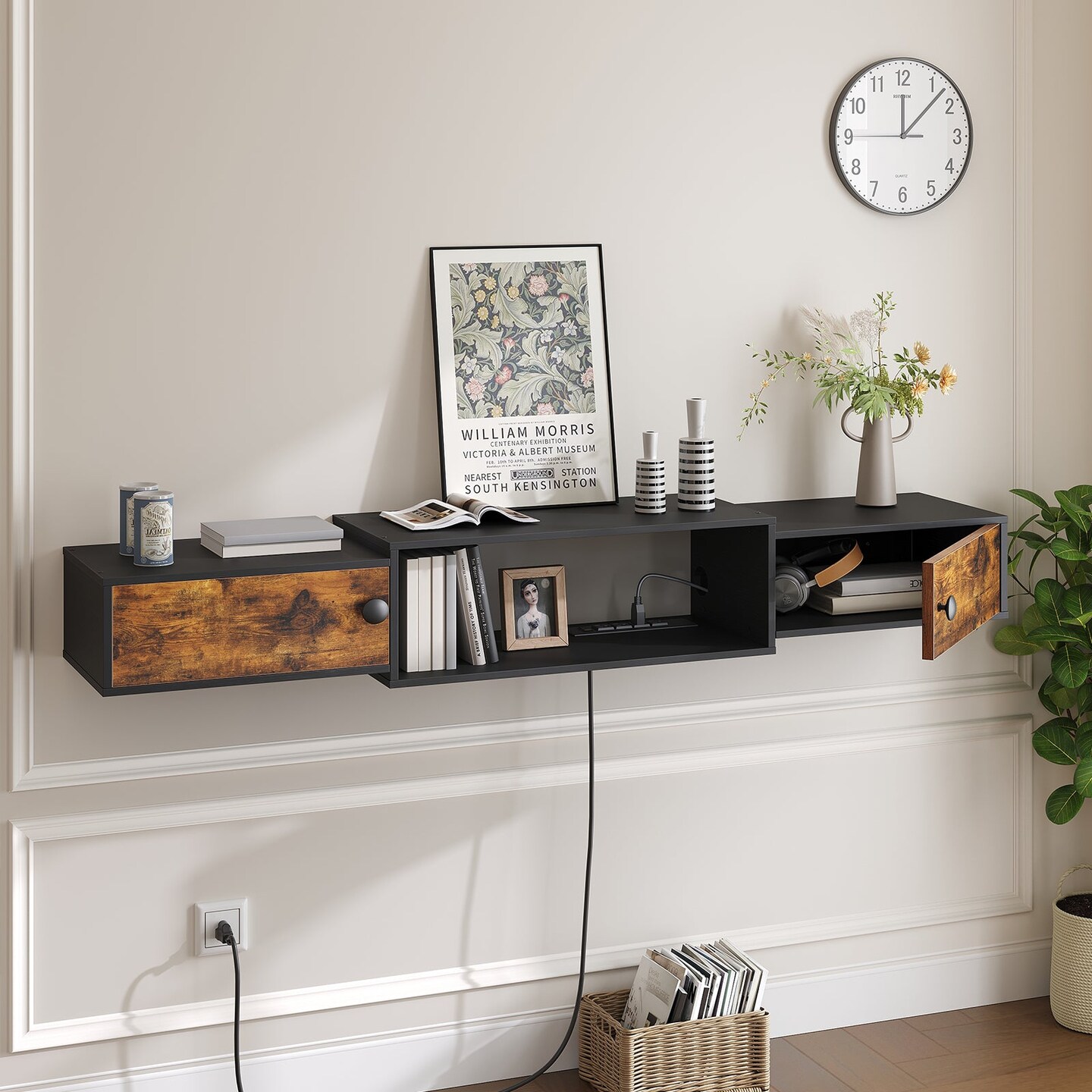 Brown Wall Mounted TV Stand 55 Inch with 4 Power Outlets and Storage