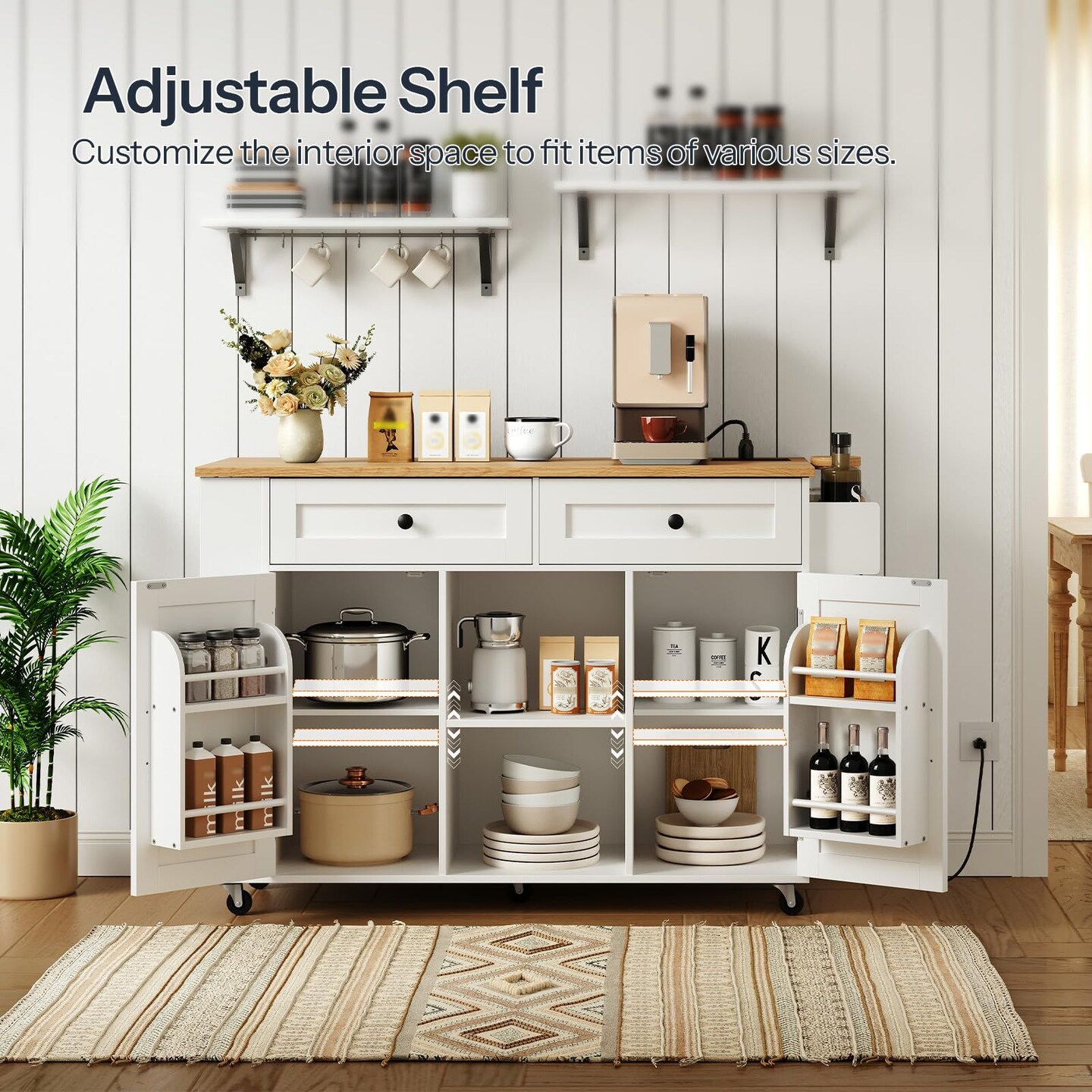 Rolling Kitchen Island with Drop Leaf Table, USB Outlet, Storage