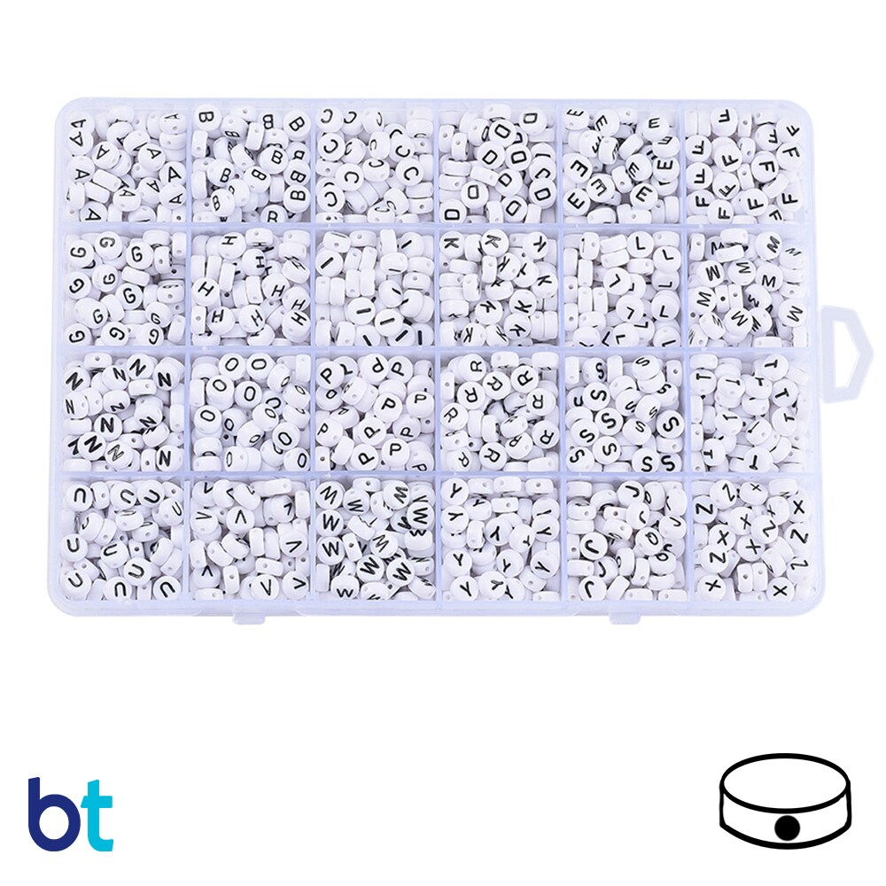 BeadTin White Opaque 7mm Coin Alpha Beads - Black Letters (Box Set)