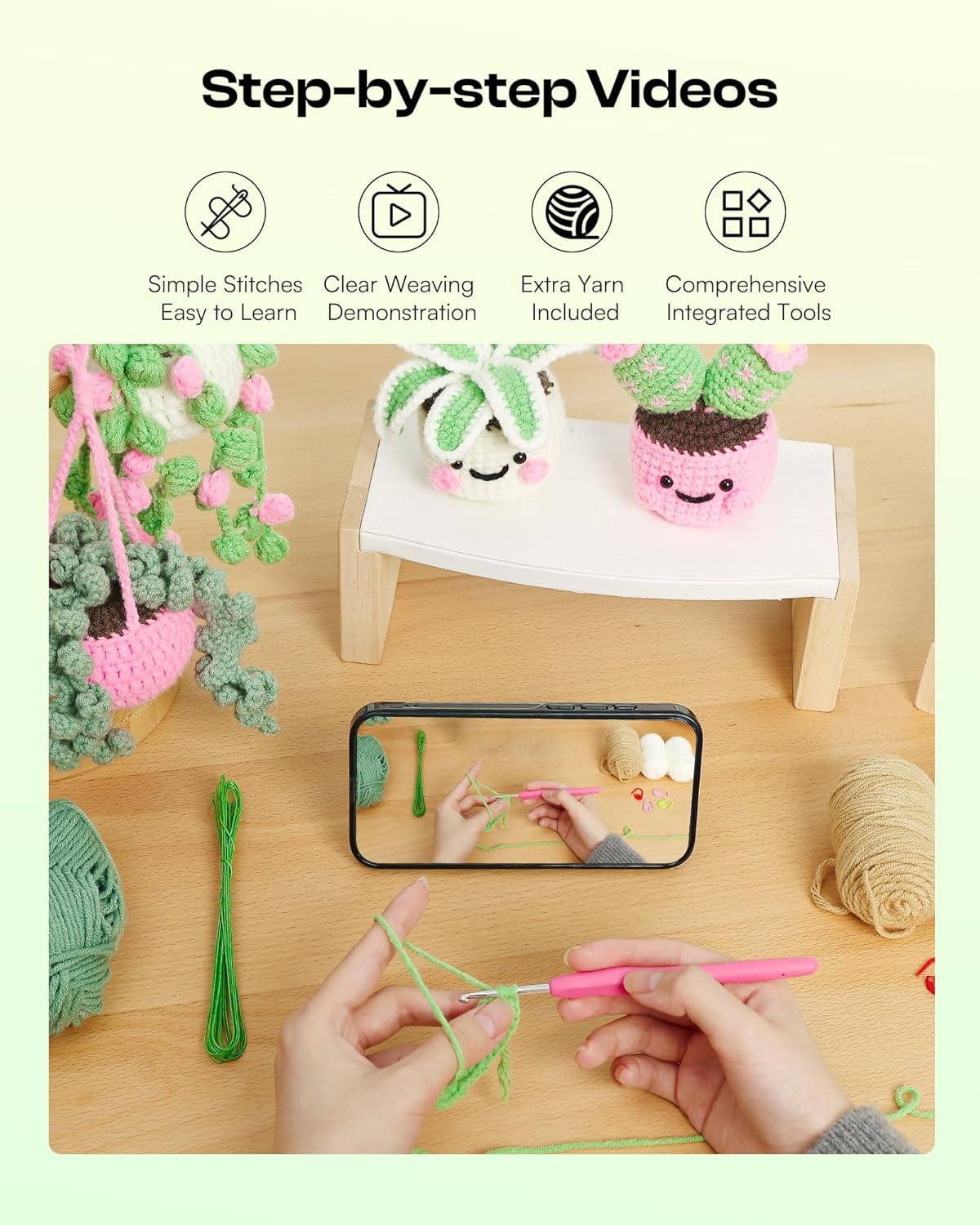 Beginner Crochet Kit – DIY Potted Hanging Plants Craft Set with Yarn, Hooks & Step-by-Step Video Tutorials for Adults, Teens & Seniors – Home & Car Decoration Gift