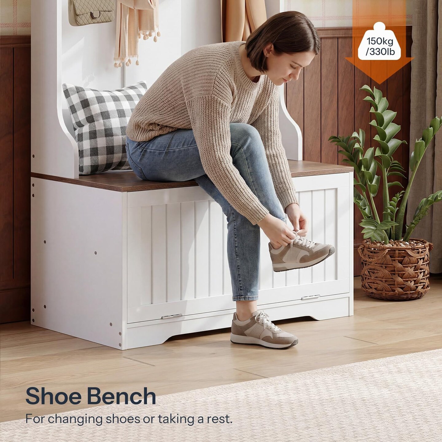 Entryway Hall Tree with Shoe Cabinet, Bench, 9 Hooks, LED Shelf