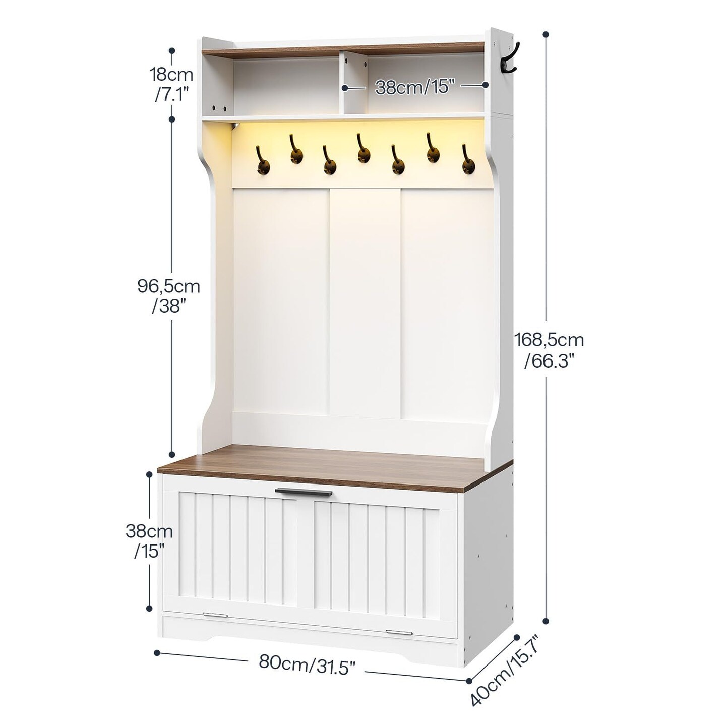 Entryway Hall Tree with Shoe Cabinet, Bench, 9 Hooks, LED Shelf
