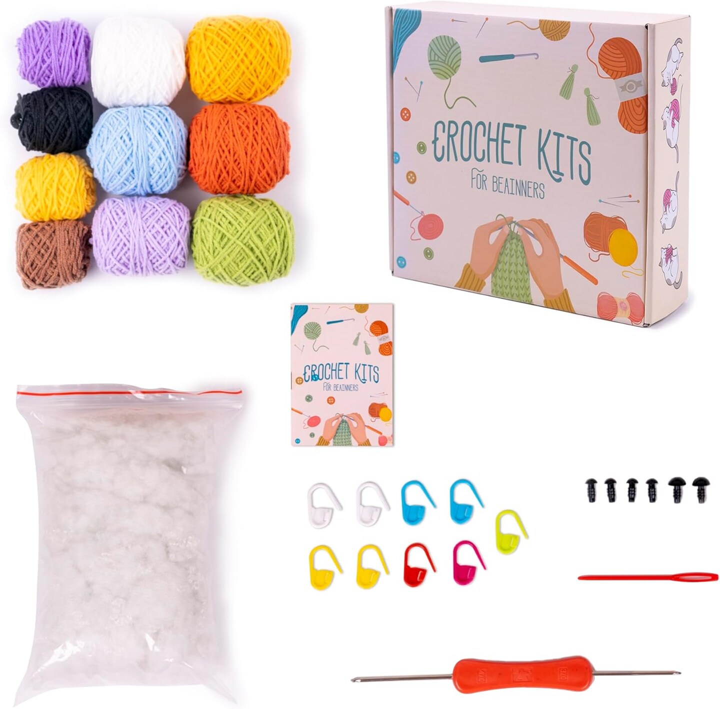 6-Piece Beginner Crochet Kit – DIY Animal Amigurumi Set with Yarn, Hooks & Step-by-Step Video Tutorials | Fun Craft for Adults & Kids, Creative Gift for Birthdays & Holidays