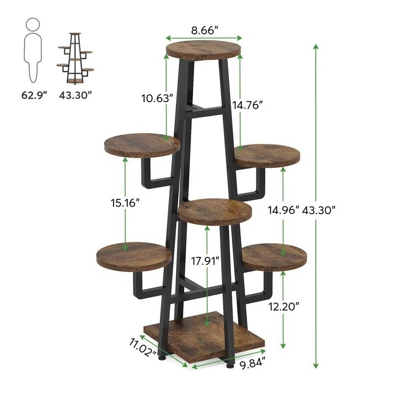 Metal and Wood 7-Tier Indoor Plant Stand with Scratch-Resistant Shelves