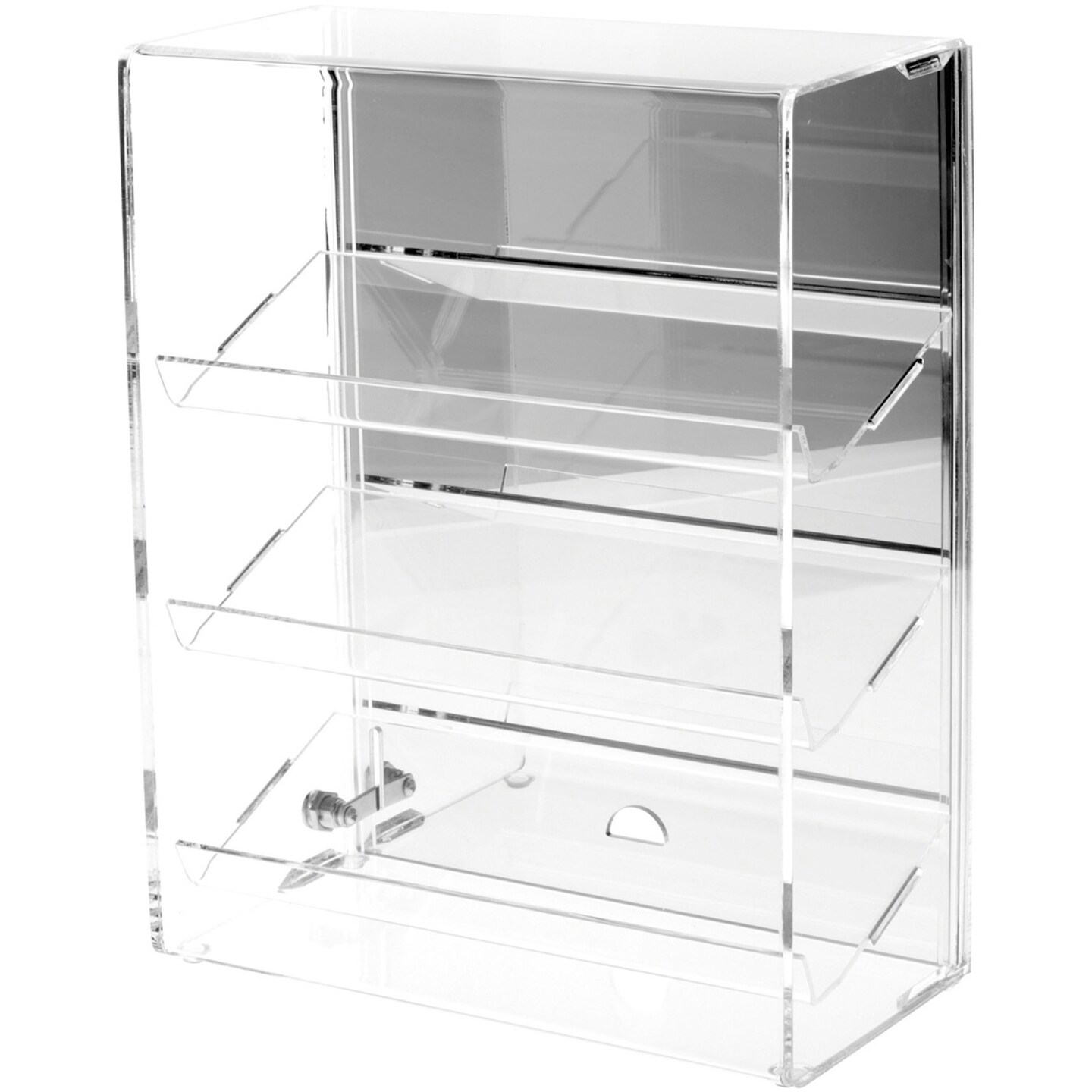 Plymor Clear Acrylic Locking Display Case with Sliding Back, 3 Angled Shelves (Mirrored)