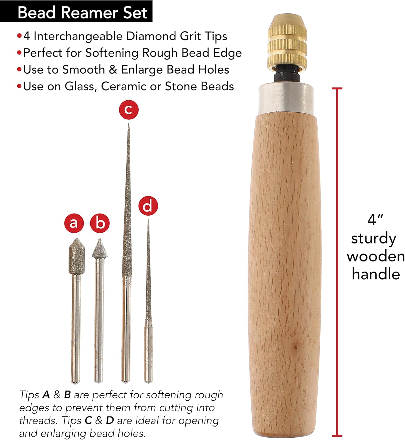 The Beadsmith Diamond Reamer Set – 4 Interchangeable Tips, Wood Handle, Storage Tube for Bits - Use on Glass, Ceramic or Stone – Tools for Opening & Enlarging Holes & Softening & Smoothing Rough Edges