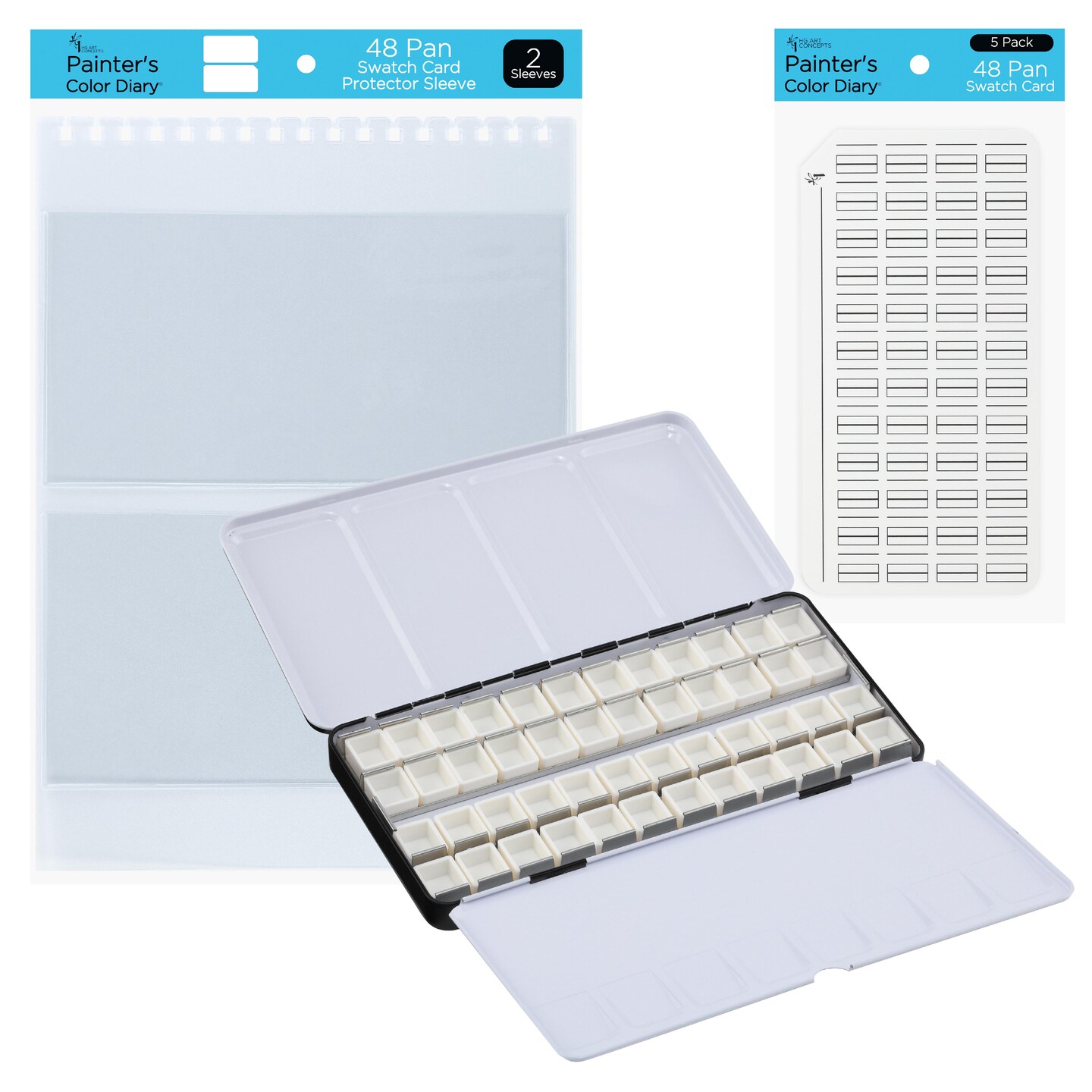 New York Central Watercolor Palette - 48 Empty Half Pan Boxes and Palette with 5 Watercolor Swatch Cards and 2 Swatch Card Sleeves