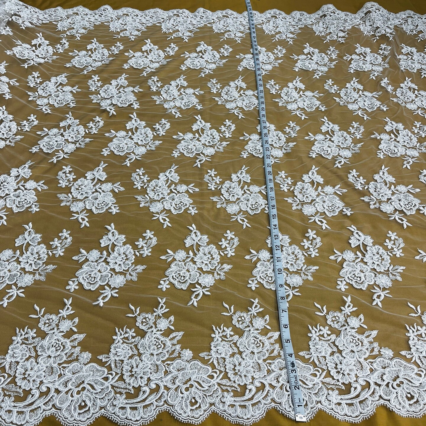 1 Yard Luxurious Corded Bridal Lace Fabric Embroidered on Soft 100% Polyester Net Mesh 51" Width