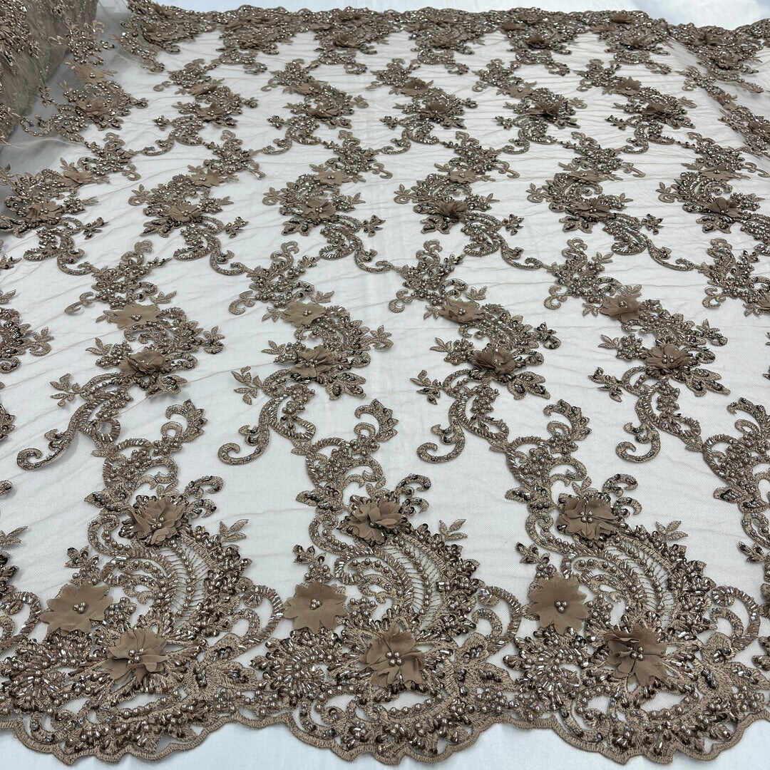1 Yard Sage 3D Beaded Floral Embroidered Lace Fabric on Polyester Mesh, 52” Wide