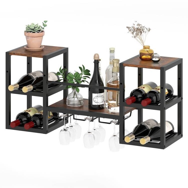 Rustic Brown Wall Wine Rack with 8 Bottle Slots Glass Holders and Extra Storage Shelves