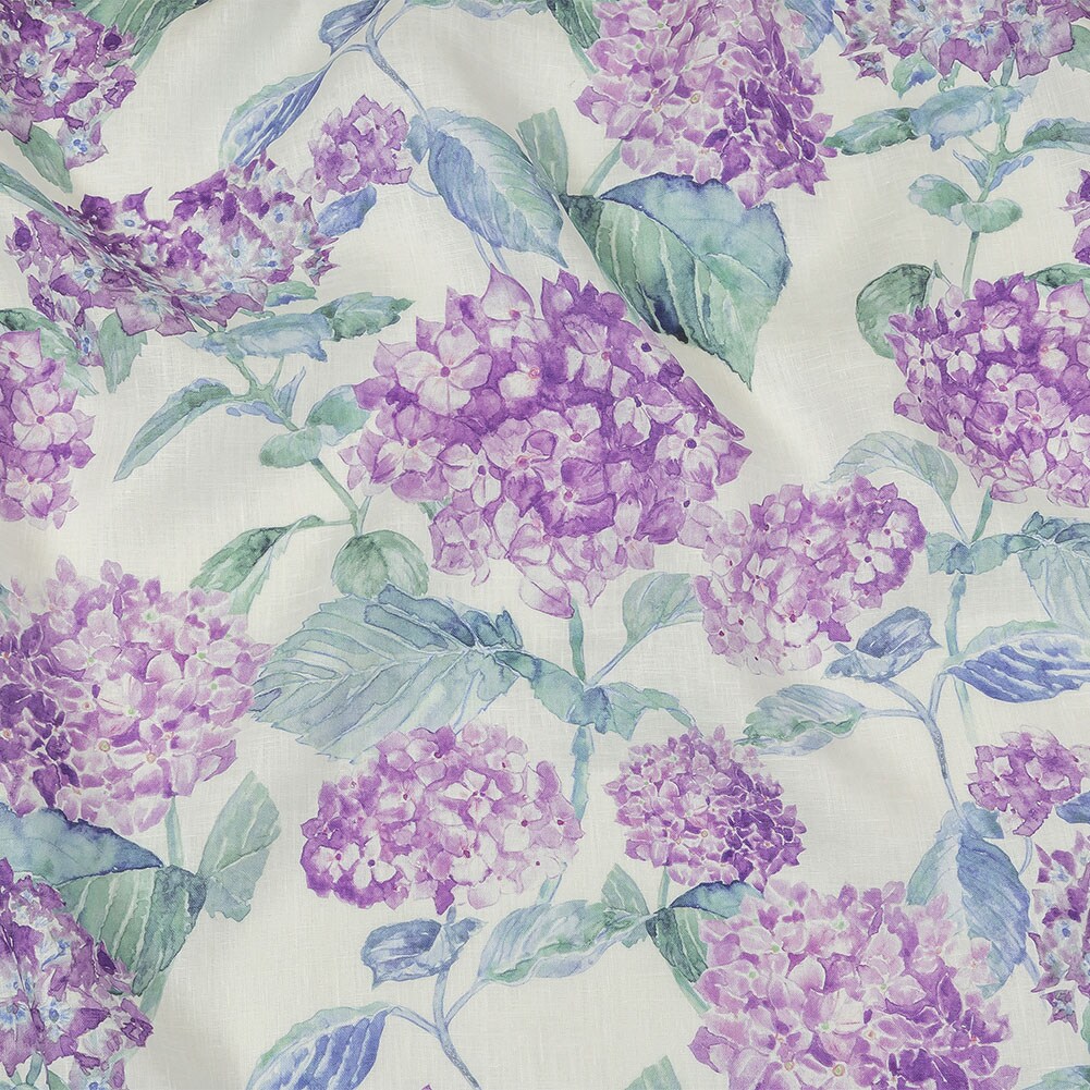 1 Yard Purple Green White Hydrangeas Medium Weight Linen Woven Fabric