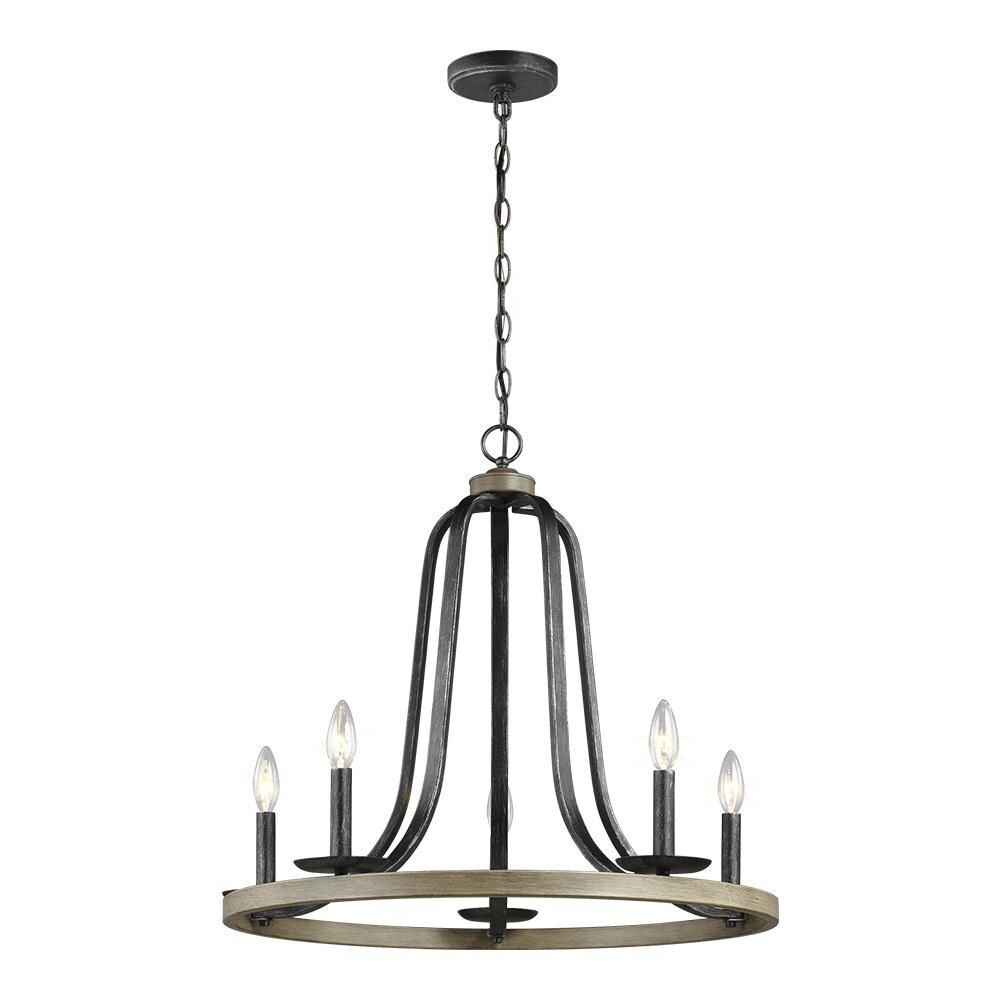Oak Metal 5-Light Farmhouse Circle Chandelier Dimmable Rustic Lighting Fixture