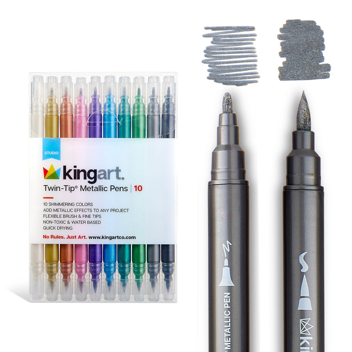 KINGART® Twin-Tip™ Metallic Pens, Brush & Fine, 10 Shimmering Colors