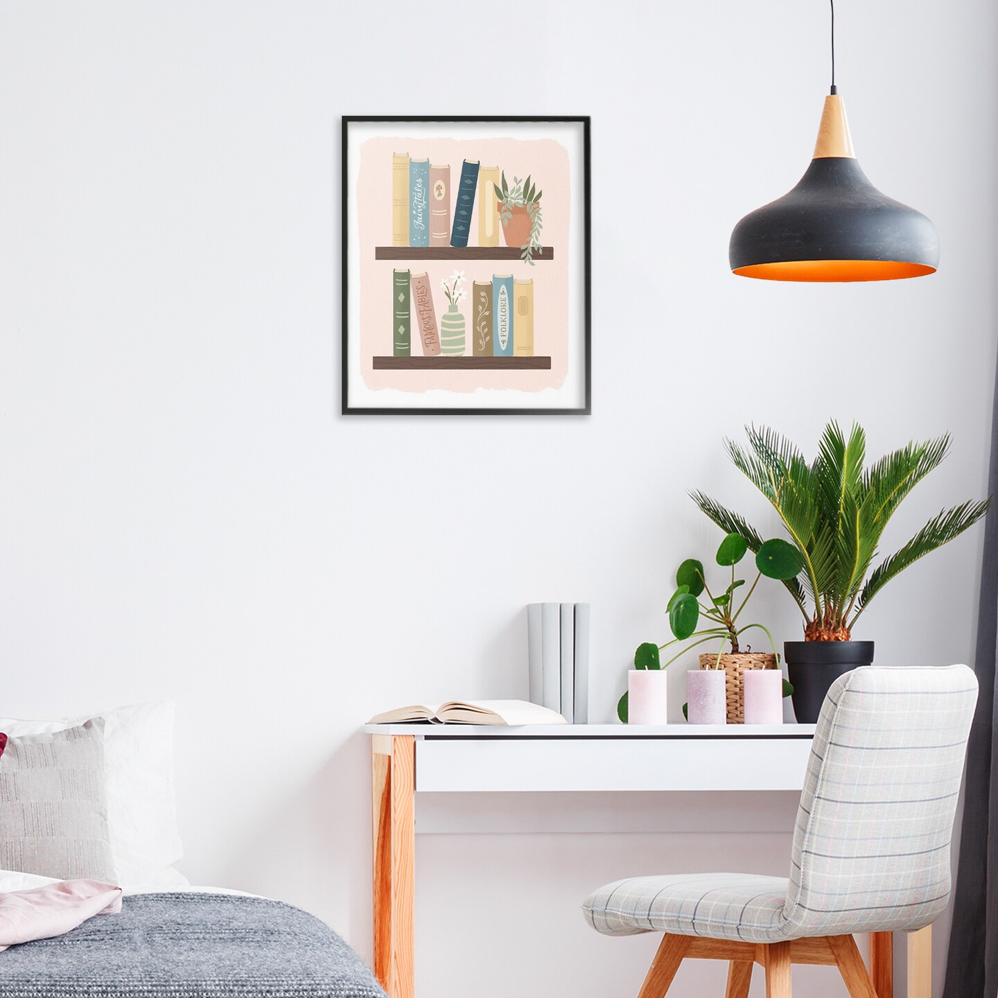 Stupell Industries Minimal Bookshelves with Plant Black Framed Giclee Art, design by Sandra Picco