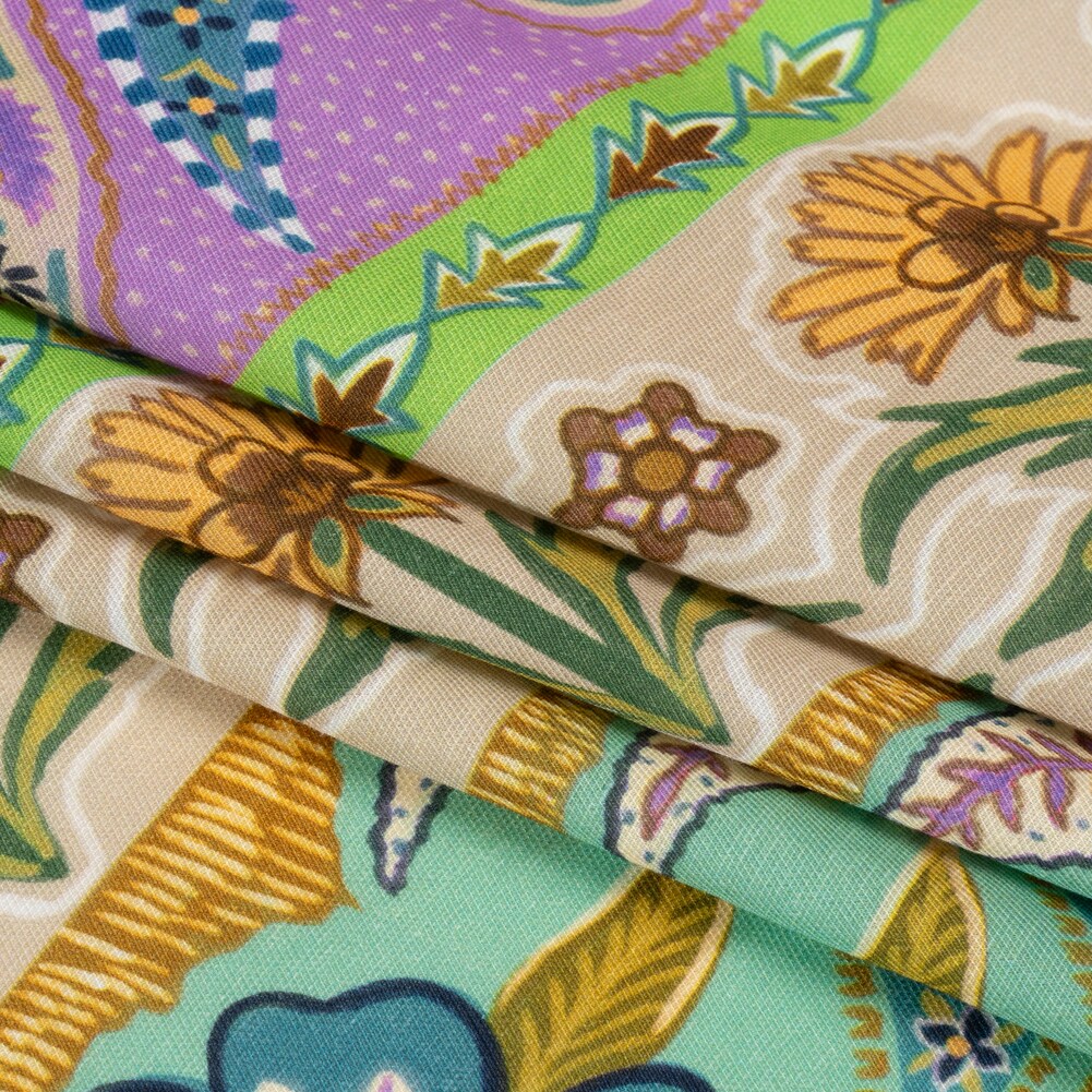 1 Yard Purple and Green Paisley Floral Stripes Viscose and Linen Twill Fabric