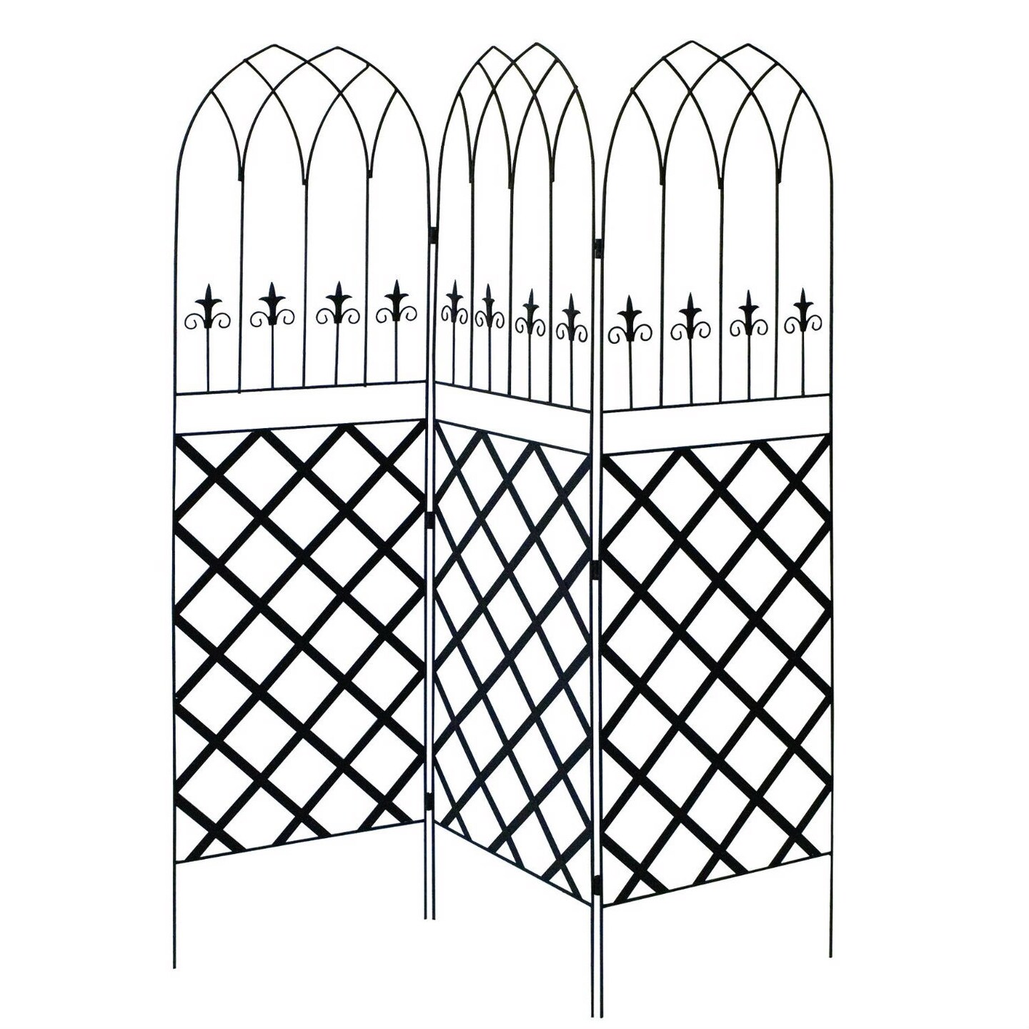 6-Feet High 3-Panel Black Metal Trellis Screen with Gothic Lattice Design for Backyard Landscaping