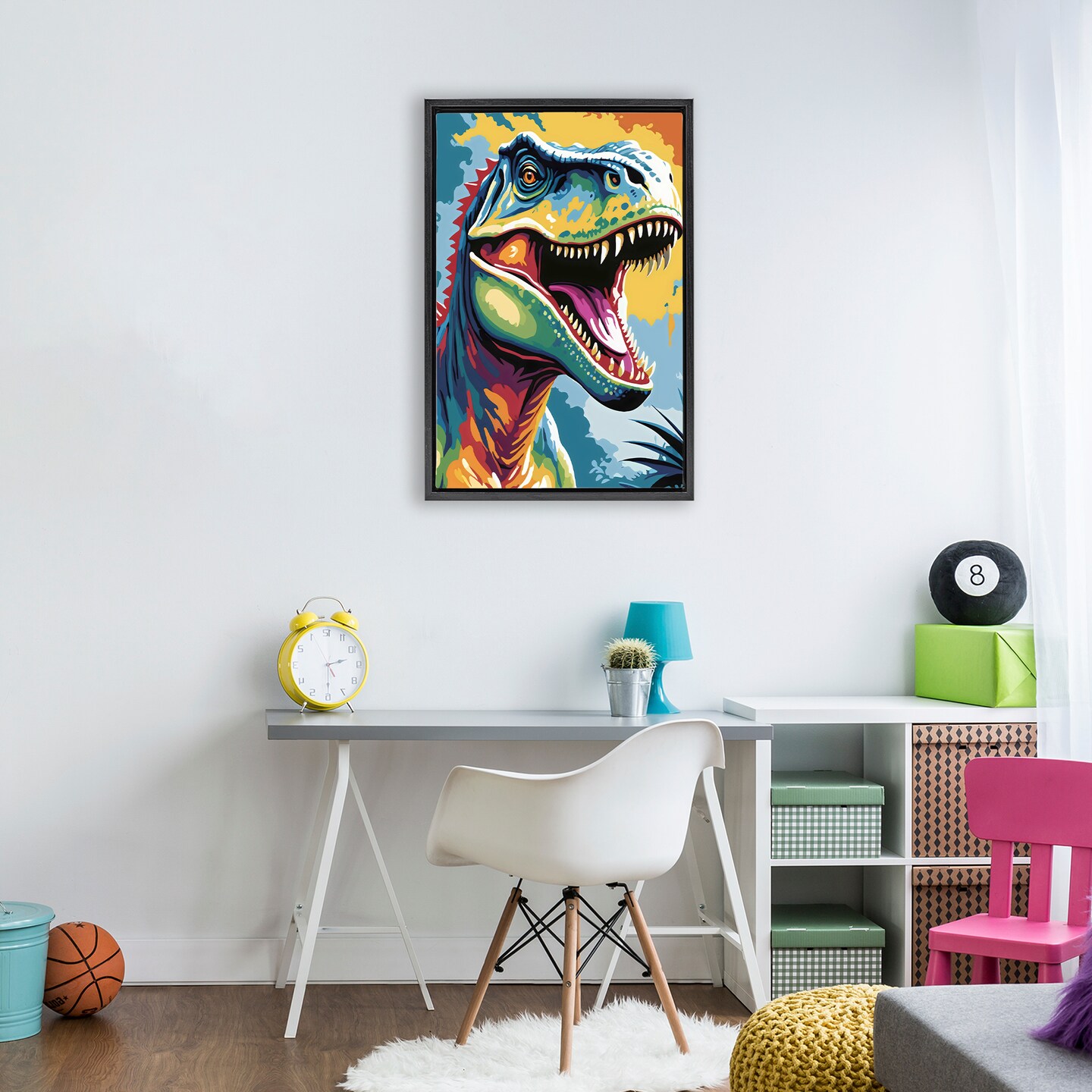 Stupell Industries Colorful Roaring T-Rex Black Framed Floater Canvas Wall Art, design by Creative Studio