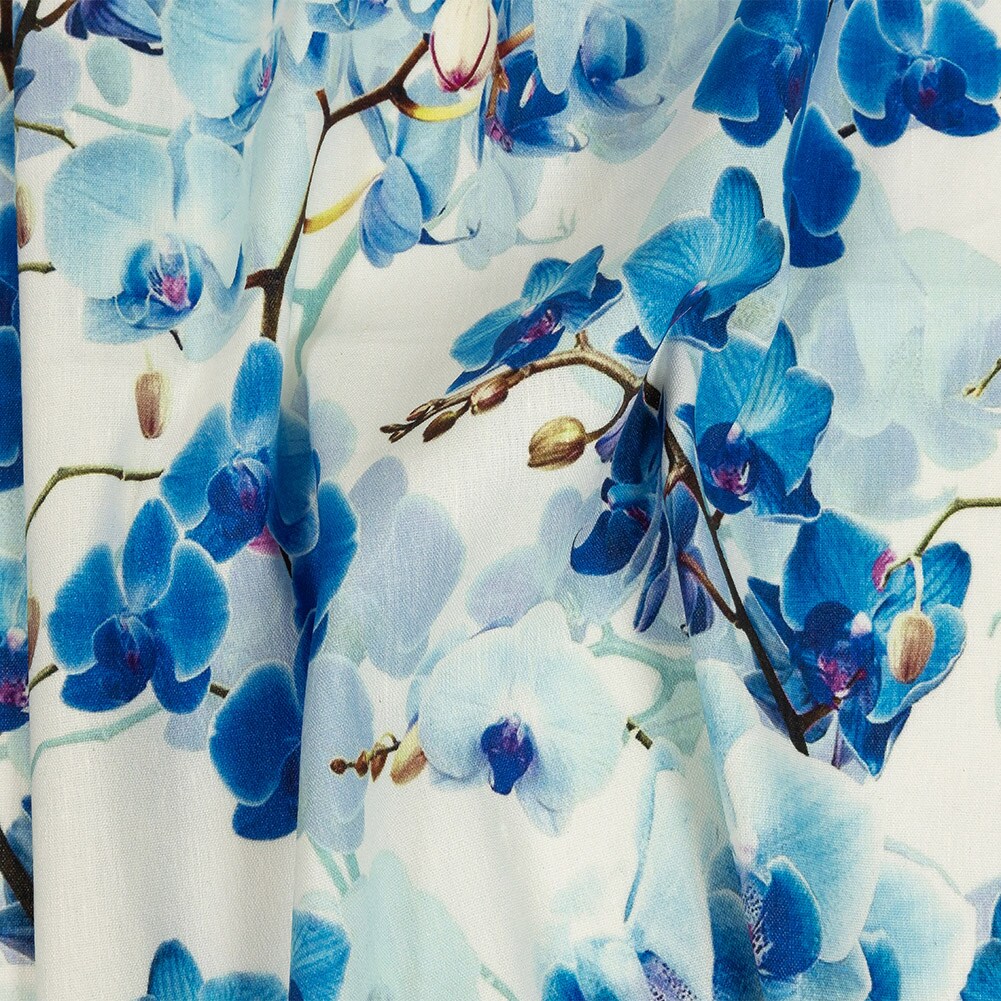 1 Yard Tilted Blue Orchids and Lily White Printed Stretch Linen and Rayon Woven 52 inch Width Fabric