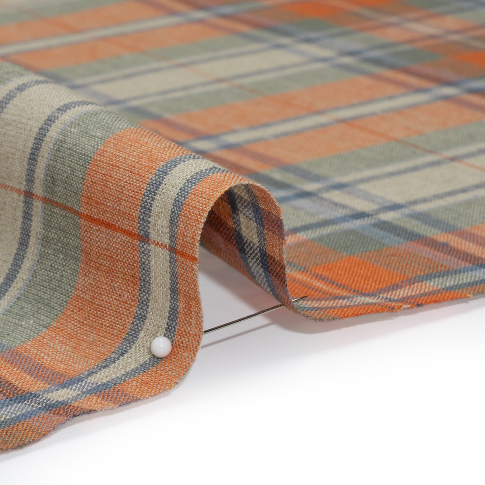 1 Yard Medium Weight Linen Woven Orange, Blue and Beige Plaid