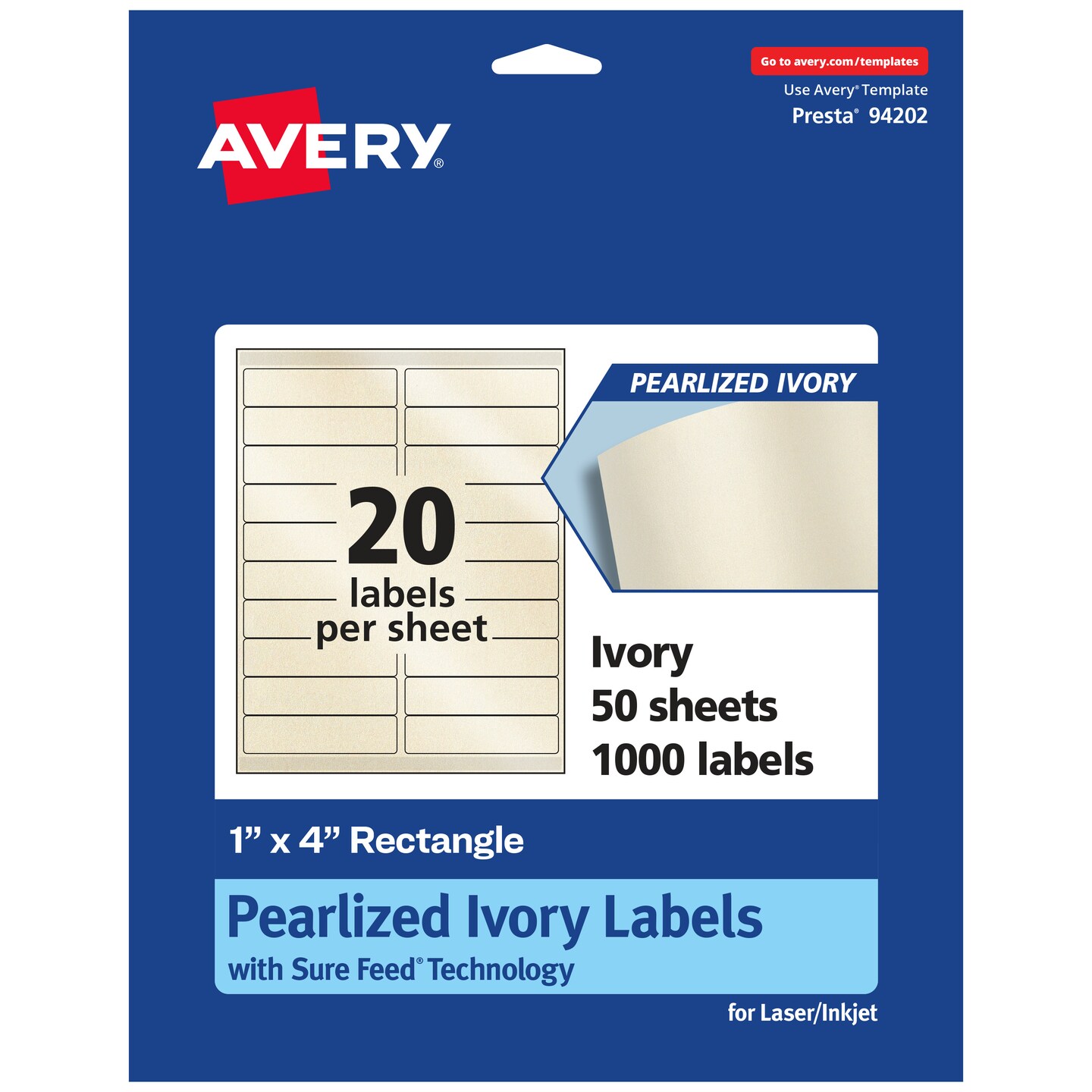 Avery Pearlized Ivory Rectangle Labels with Sure Feed Technology, 1" x 4"
