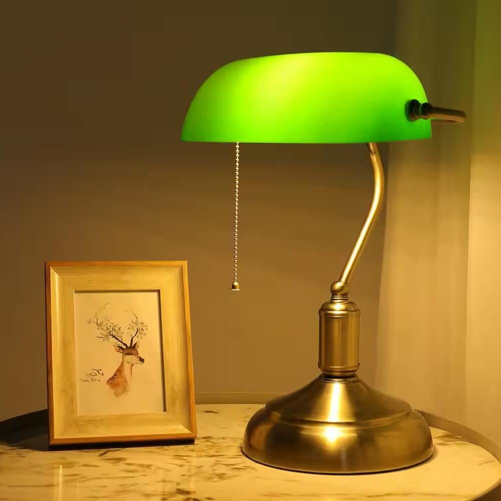 Vintage Brass Bankers Desk Lamp with Green Glass Shade Adjustable Table Light for Home Office