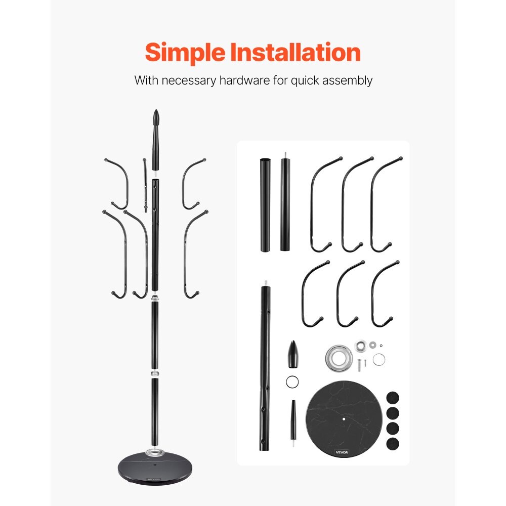 Black Freestanding Carbon Steel Coat Rack with Marble Base and 6 Hooks for Entryway Use