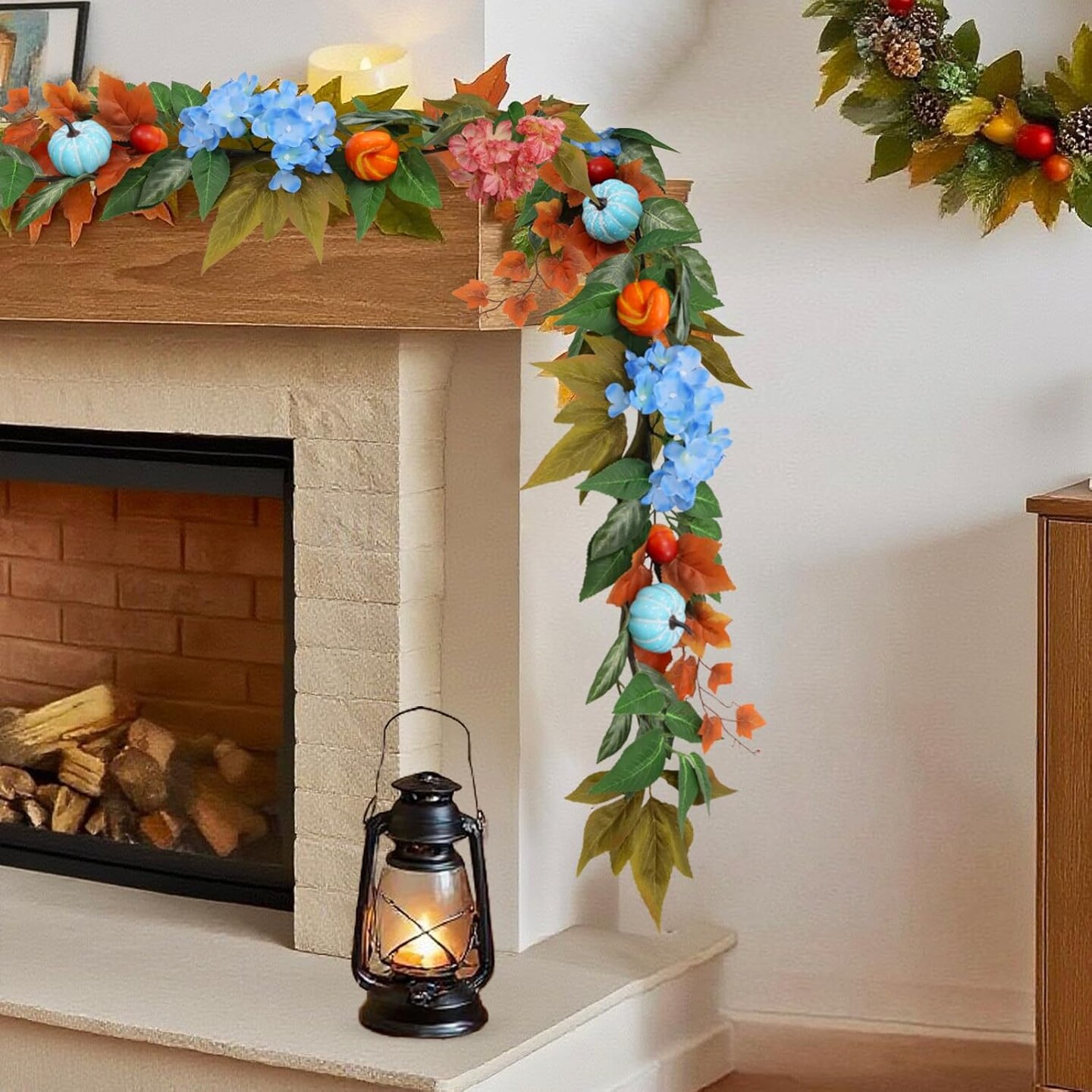6ft Fall Hydrangea Garland with Blue Pumpkins &#x2013; Autumn Artificial Floral Pumpkin(11.26 x 9.69 x 4.69 inches)