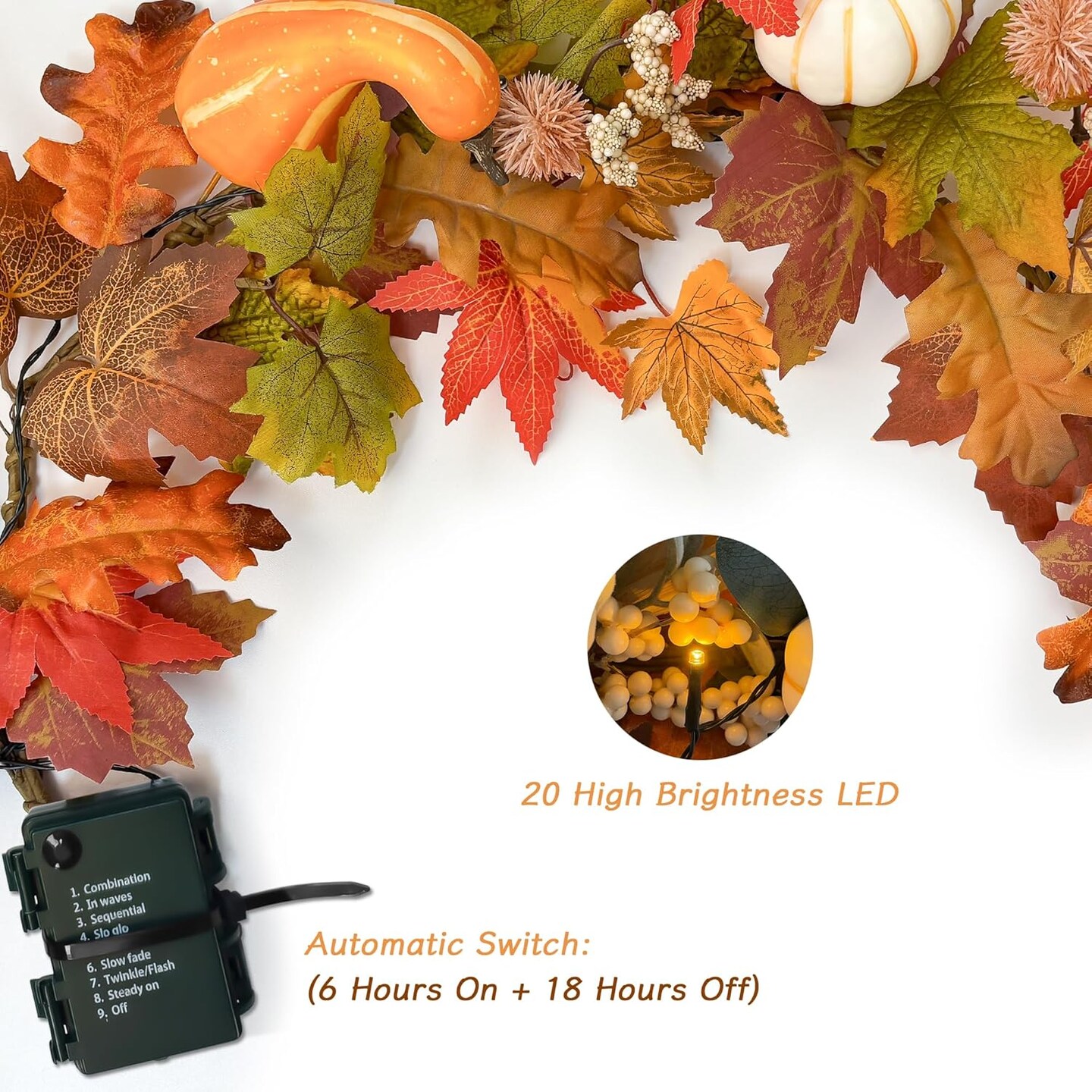 6ft Pumpkin Maple Leaf & Berries Fall Garland with Light String - Fall Decor for Home(10.55 x 10.51 x 3.82 inches)