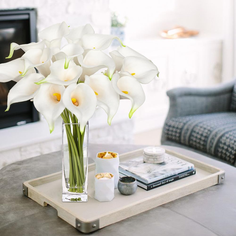 Fake Flowers in Vase 14“ Artificial Calla Lily Pure-White Flowers Arrangement with Vase and Faux Water for Home Decor Dining Table